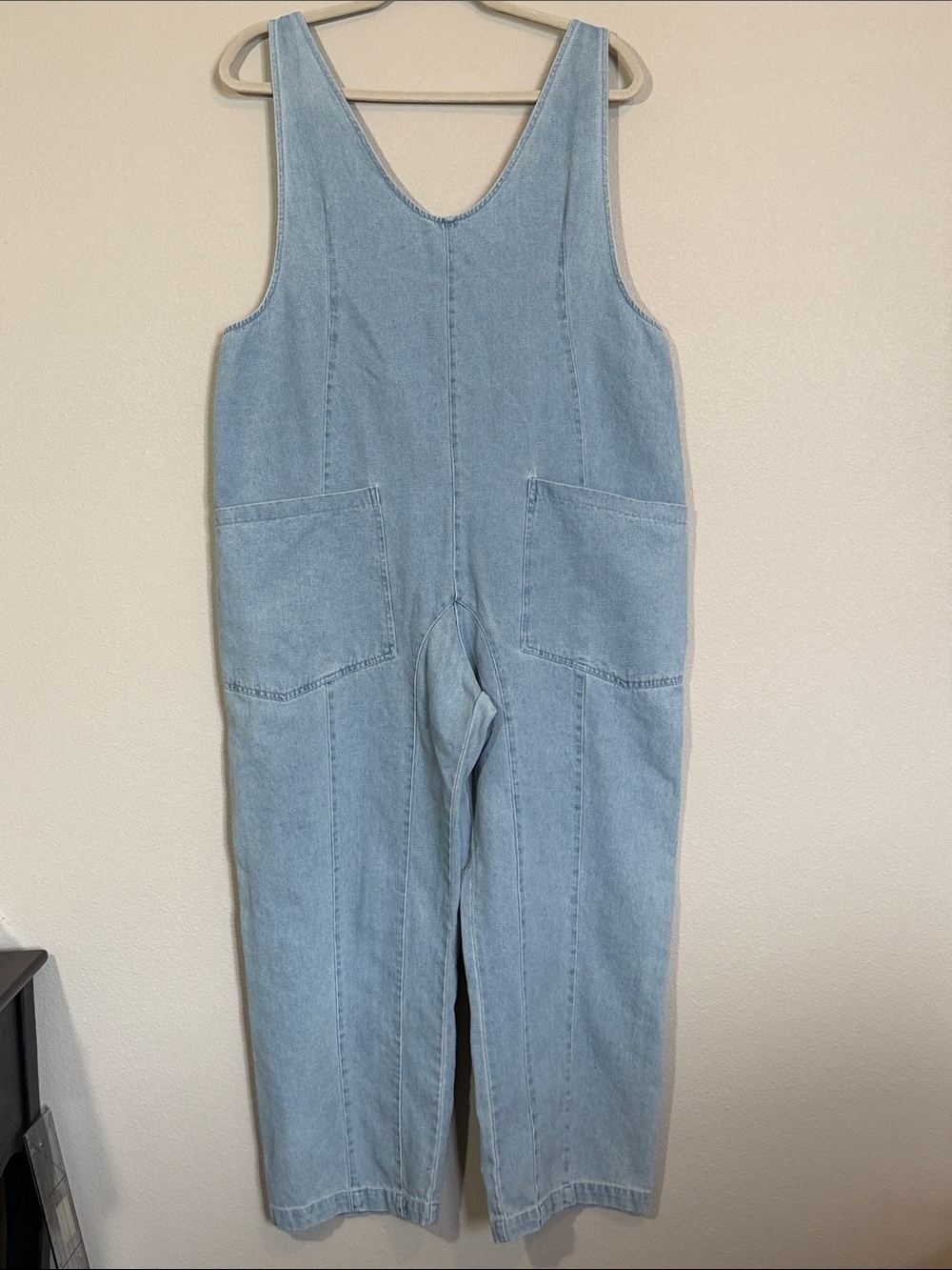 Light Wash Denim Overalls - Adjustable Straps Pockets, Size L
